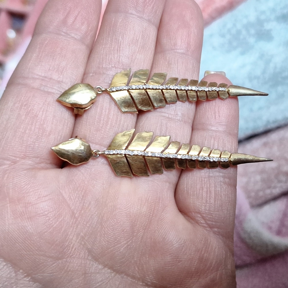 Brass & CZ Feather Earrings